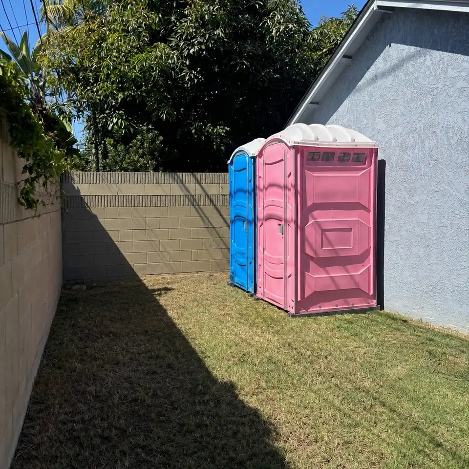 Blue and pink porta potties in a backyard side yard