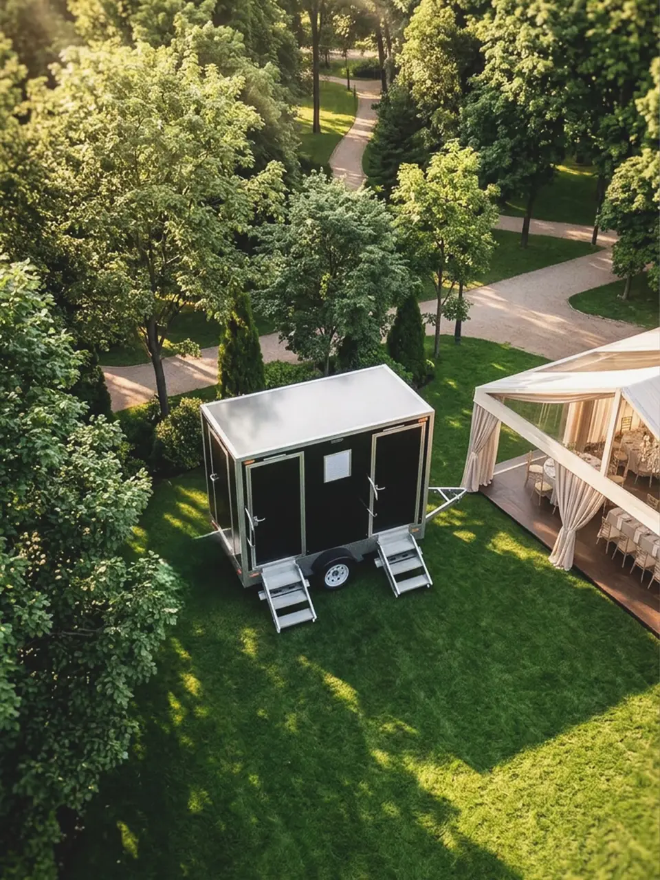 Restroom trailer set on a lawn beside a garden event tent